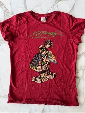 Ed Hardy Red Tee with Colorful Geisha Graphic